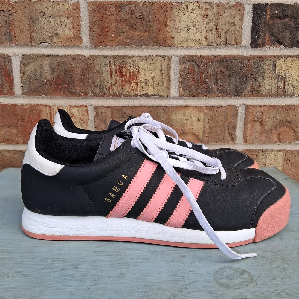 Adidas Samoa Trefoil Sneakers Black Pink Retro Trainers Women’s 8.5 Casual - Picture 2 of 12